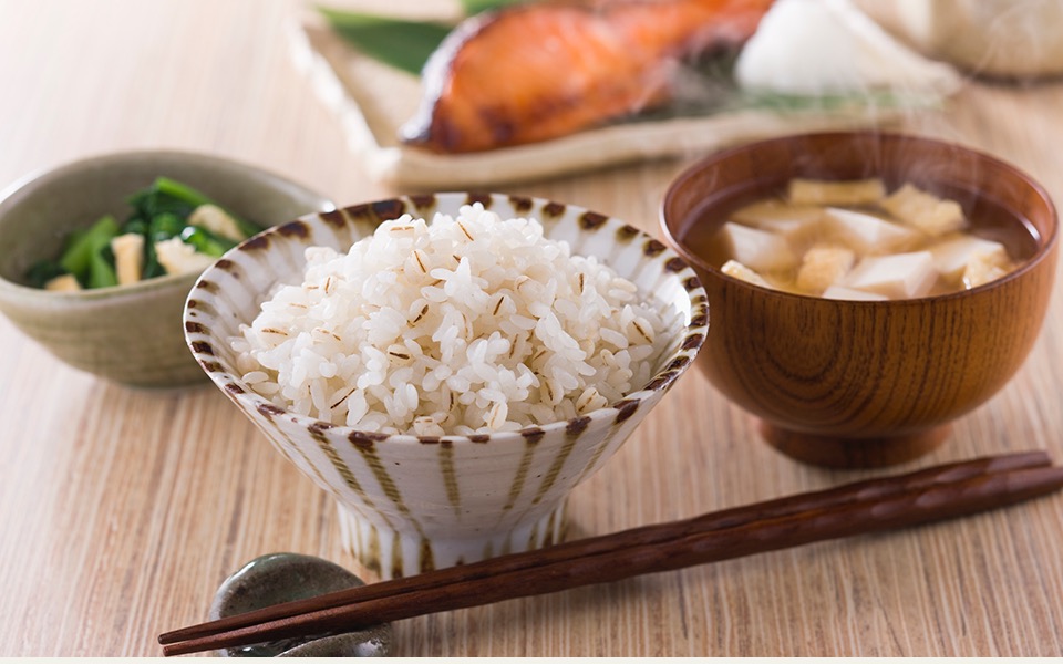 Barley rice with Japanese healthy dishes